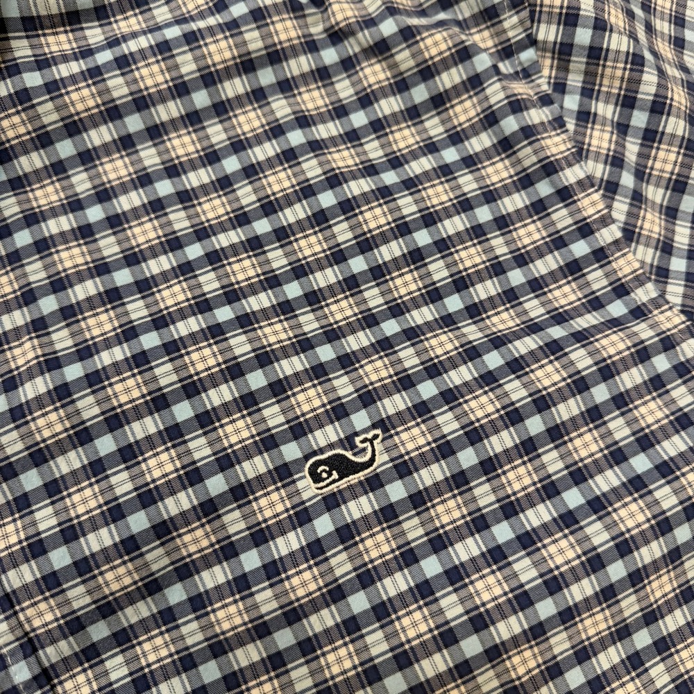 Vineyard Vines Performance Button Down Shirt Mens Large Stretch Blue Check Whale - Picture 3 of 8